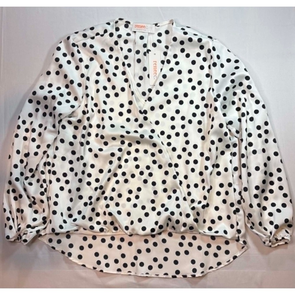 Renee C. Women's Polka Dot Faux Wrap Blouse NWT Black White Satin Look Top Large
